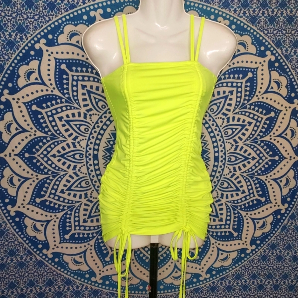 Neon Yellow Ruched Bodycon Dress